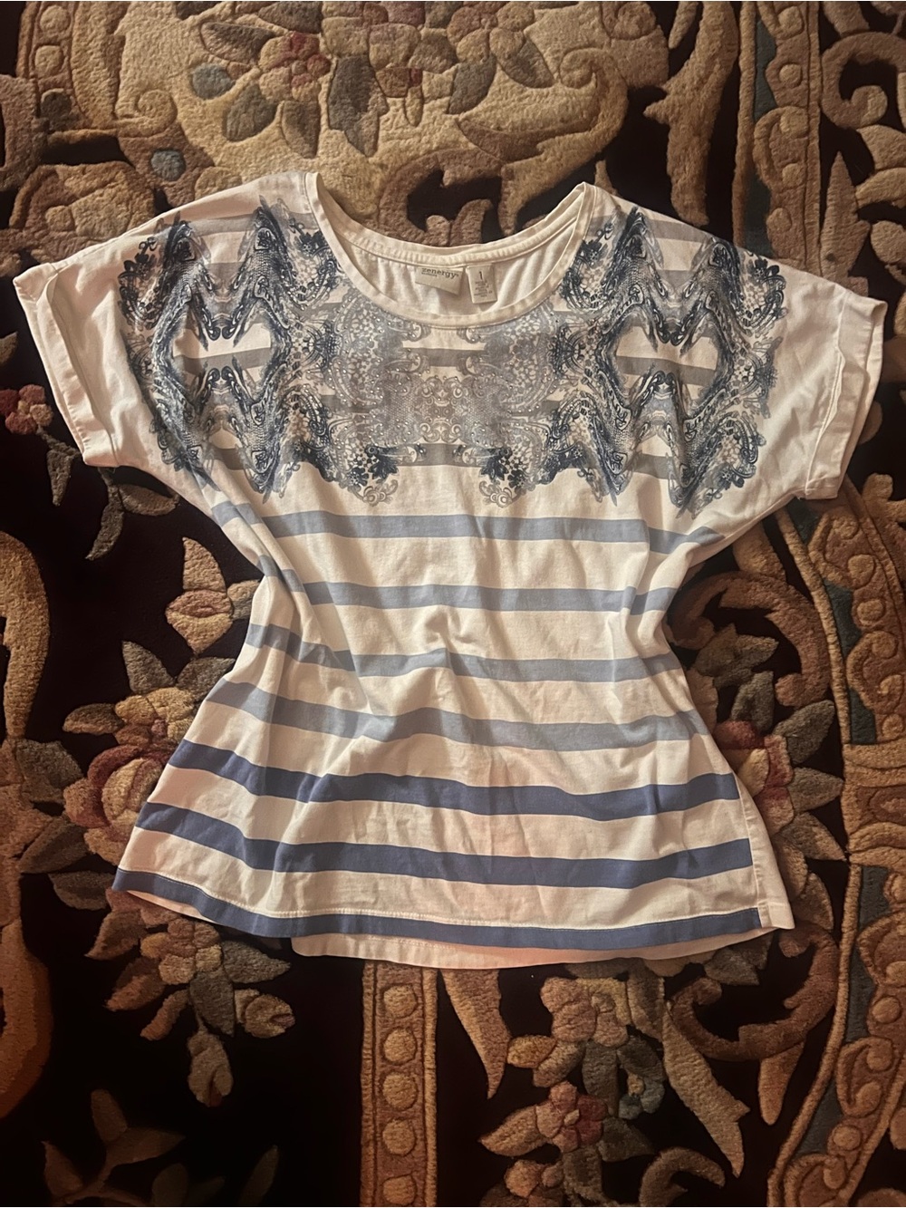 Women's Striped Short Sleeve Tee with Blue print and rhinestones